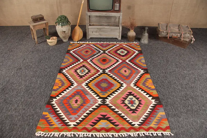 5.1x7.4 ft Rug, Turkish Vintage Rug, Red Animal Print Wool Rug - 1