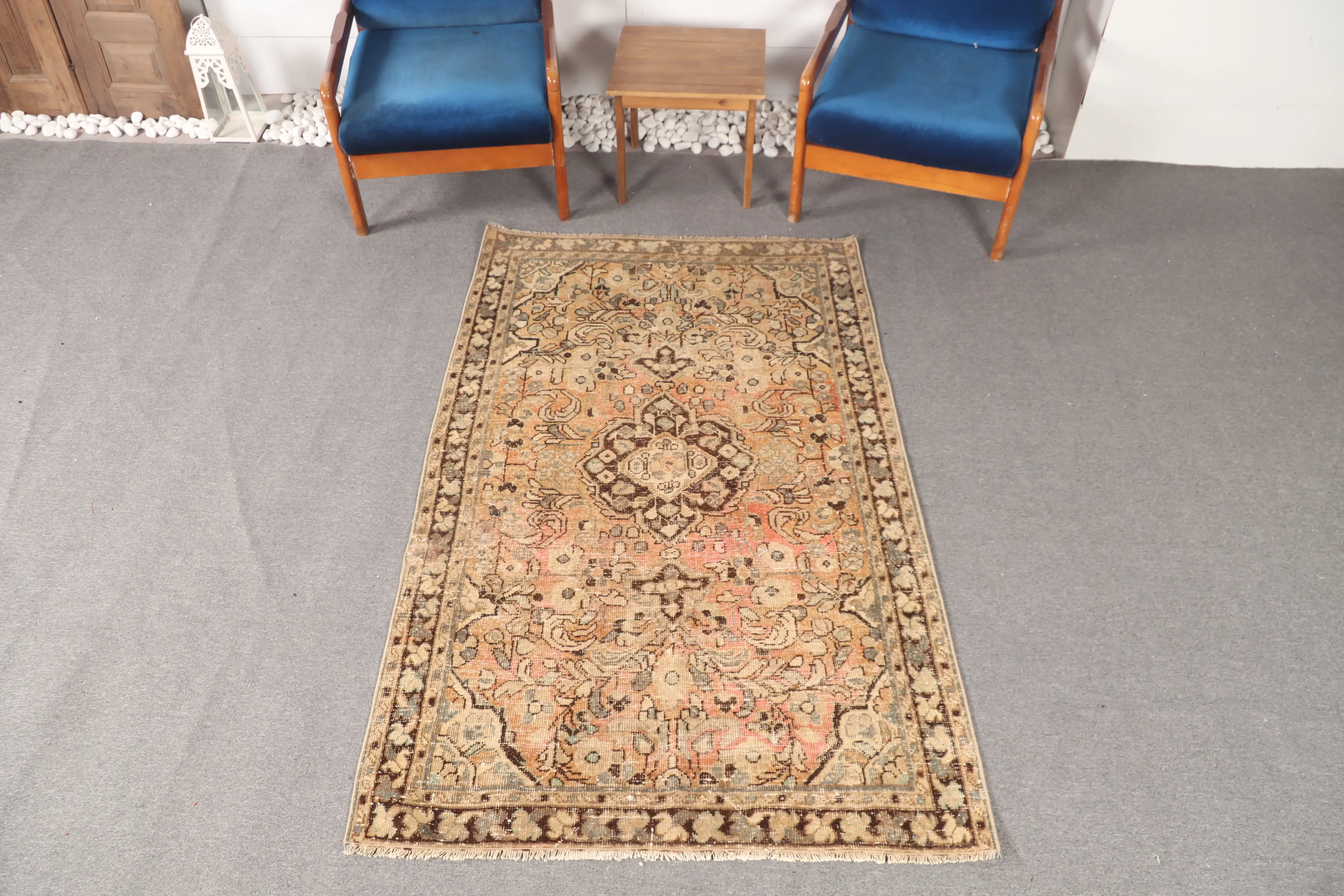 Alfombra vintage turca 3,9x6,2 pies (120x190 cm), alfombra geométrica marrón Oushak - 1