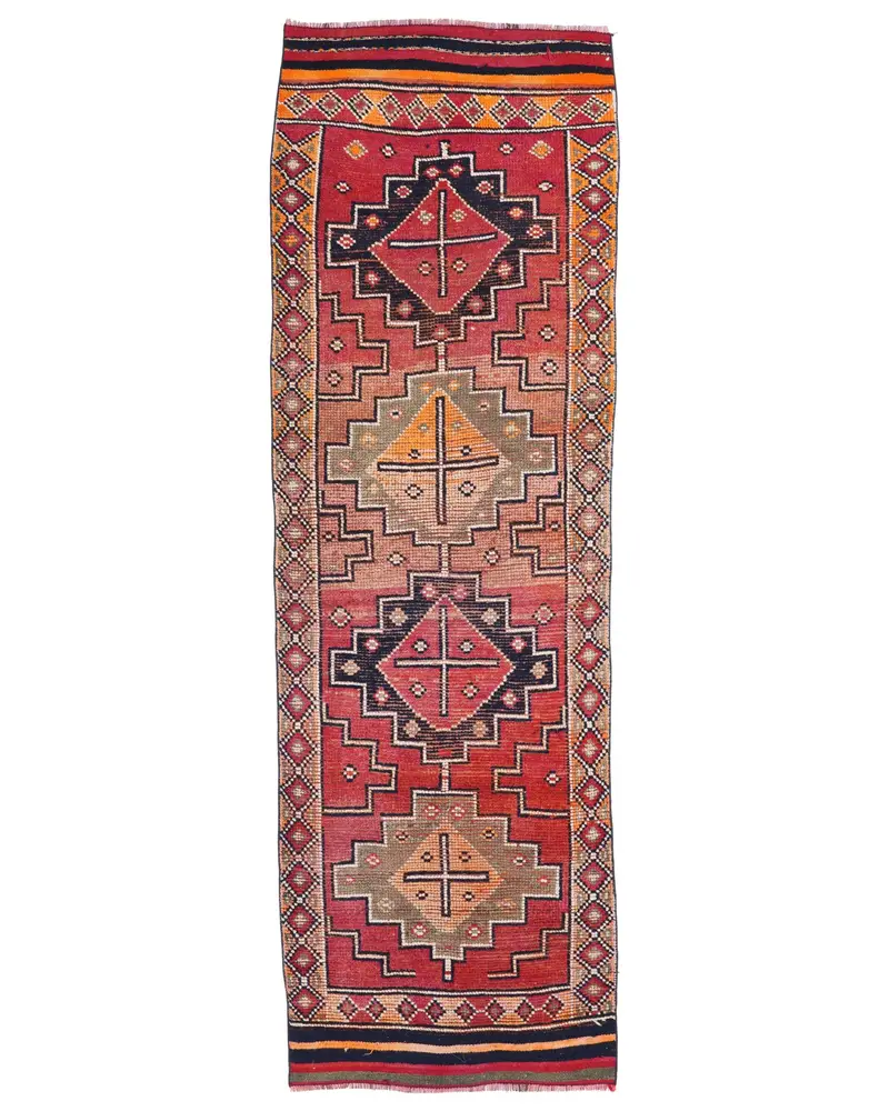 3x9.6 ft Runner Vintage Halı, Türk Halısı, Kırmızı Siyah Çizgili Yün Halı - 1