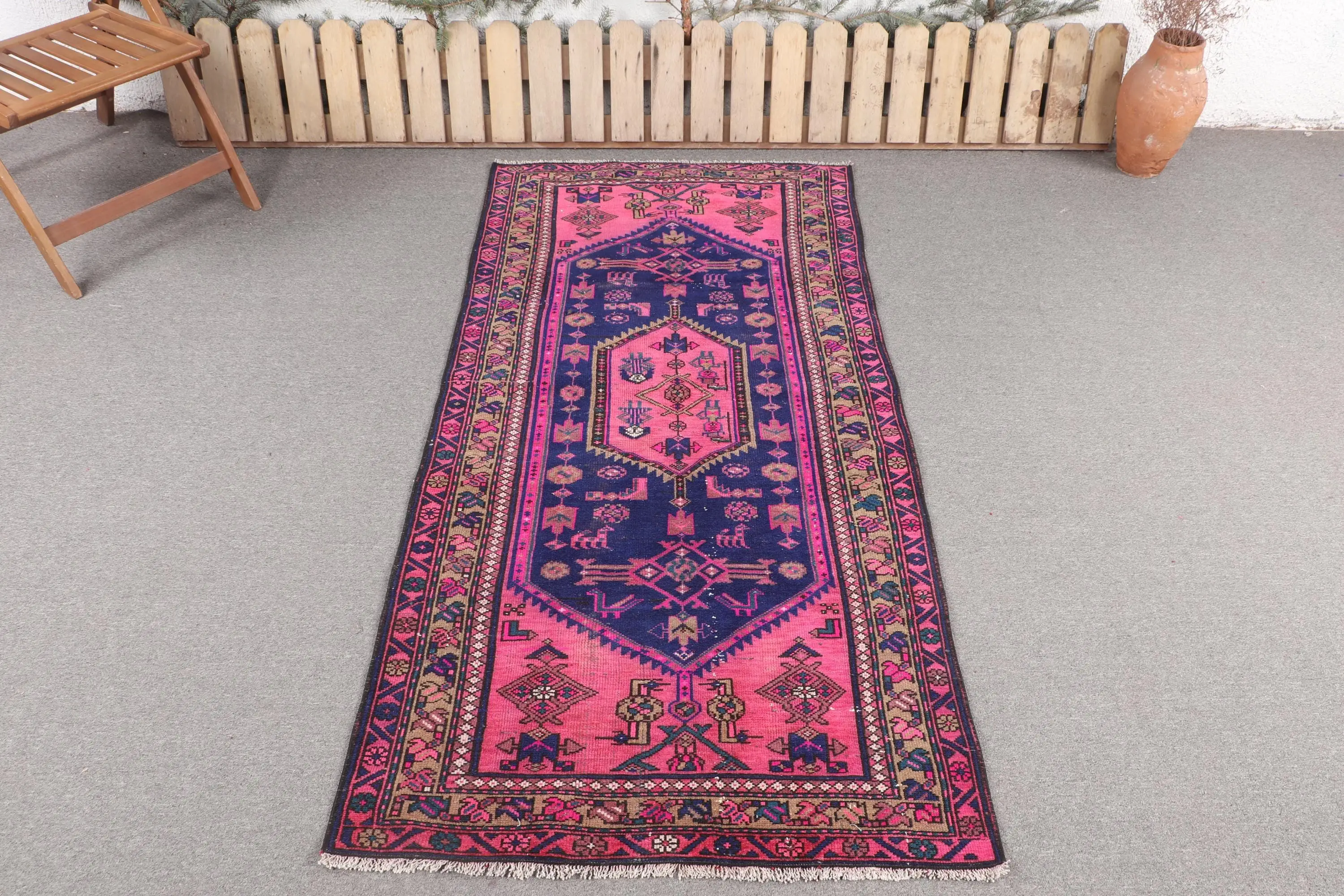 Türk Halısı 3.2x6.6 ft, Kırmızı Mavi Hayvan Baskı Yün Vintage Halı - 1