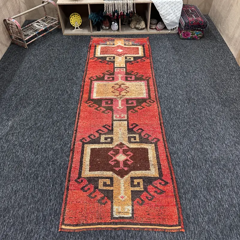 Vintage Turkish Rug, 3.2x9.8 ft Small Rug, Red Brown Geometric Rug - 1