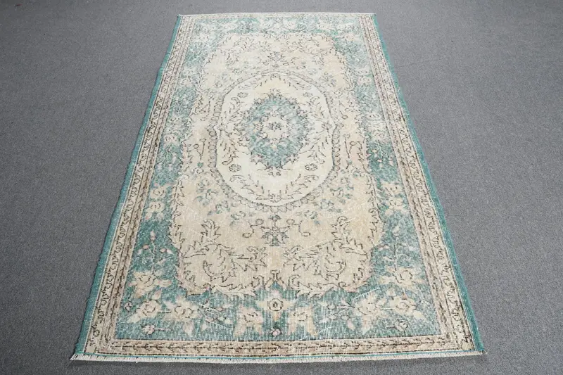 Vintage Rug, 3.8x6.7 ft Turkish Rug, Blue White Striped Wool Rug - 1