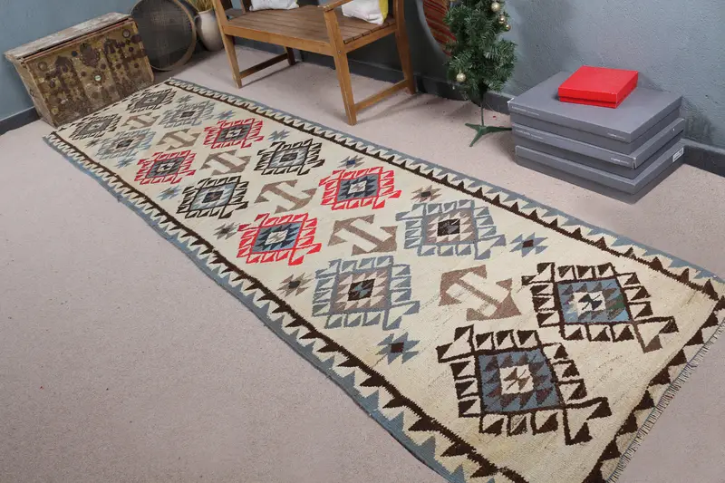 Zarif Bej ve Mavi Halı, 3,6x13,2 ft Botanik Tasarım