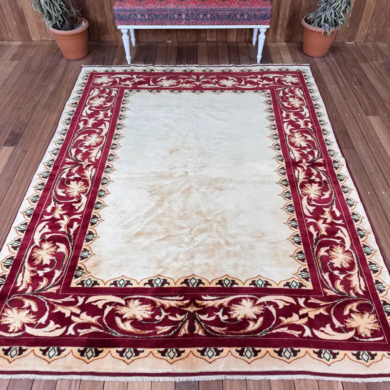 Turkish Oushak Rug 6.2x8.3 ft (188x252 cm), Red Floral Vintage Rug - 1