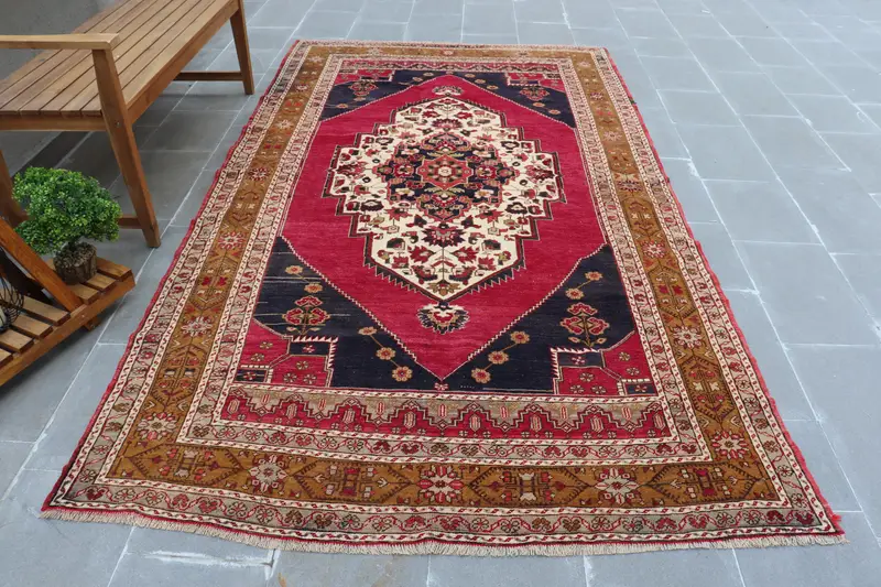 5.3x9.4 ft Turkish Large Rug, Red Blue Vintage Floral Wool Rug - 1