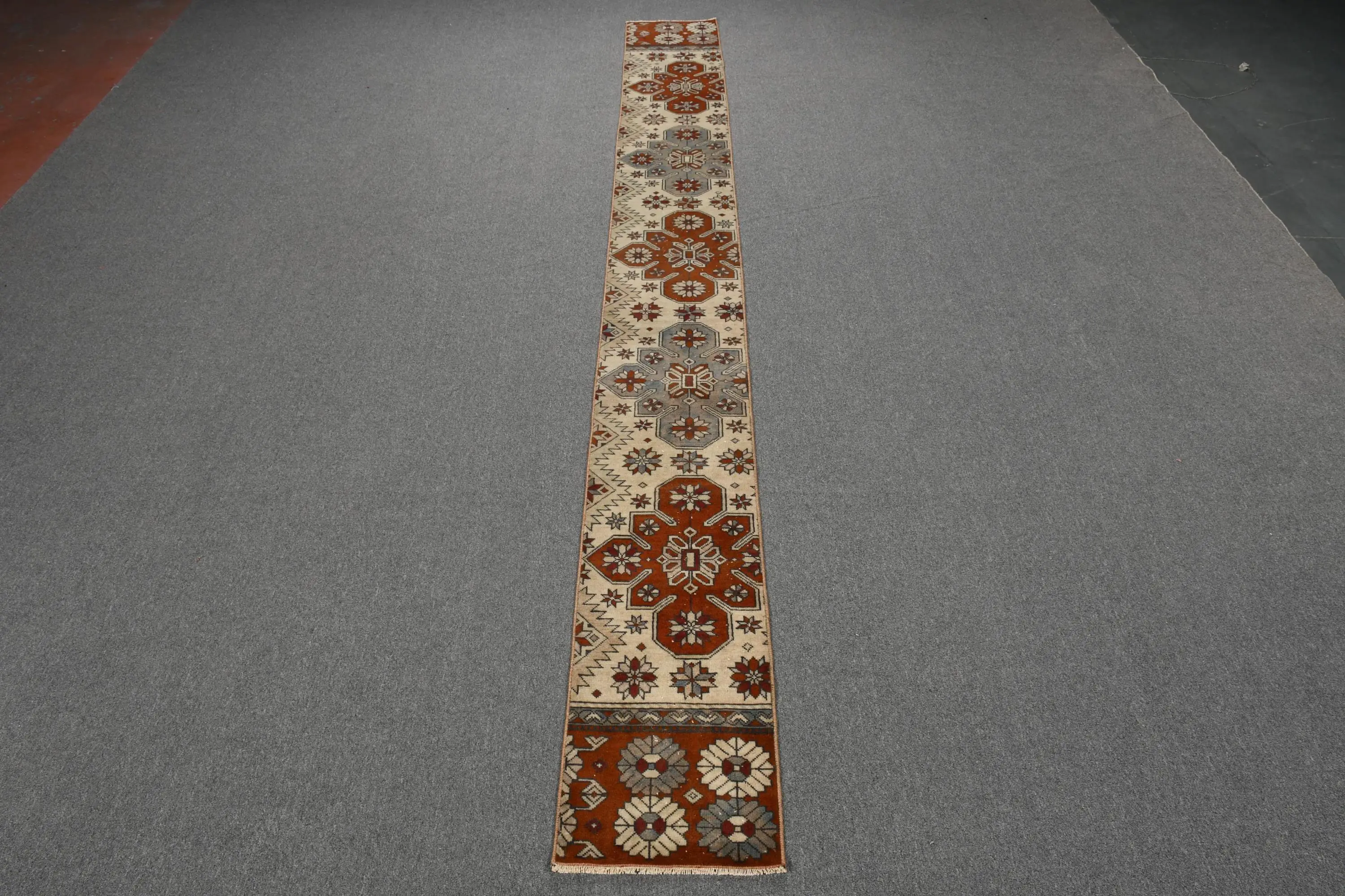 1.2x11.7 ft Runner Vintage Turkish Rug, Brown Ombré Wool Rug - 1