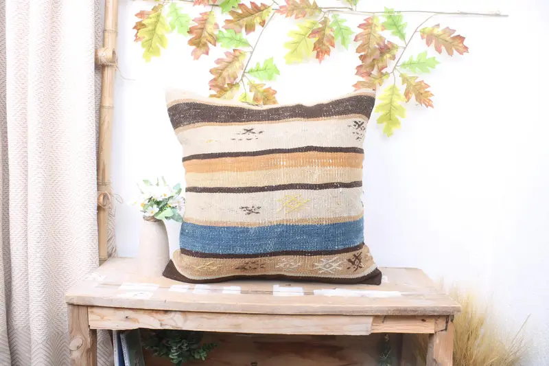 Square Throw Pillow, Pillow Cover, Kilim Pillow, Boho Pillow Sham Cover, 20x20 Blue Cushion, Vintage Kilim Pillow Cushion Cover, Pillow for Sofa - 1