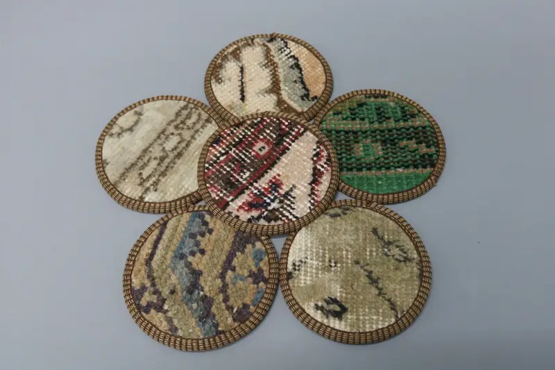 Yeşil ve Bronz Kilim Bardak Altlığı Takımı, Benzersiz Boho Bardak Altlıkları
