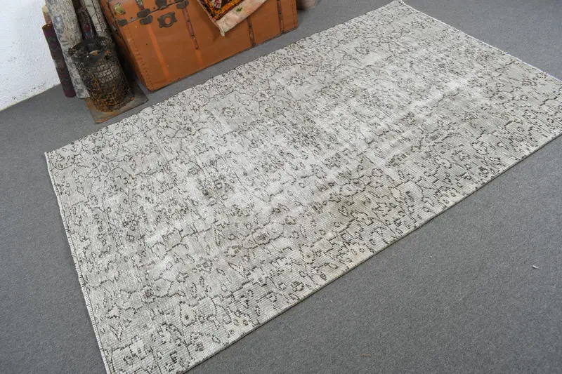 Alfombra turca Oushak 4,5x7,3 pies (138x223 cm), alfombra vintage a cuadros blancos - 1