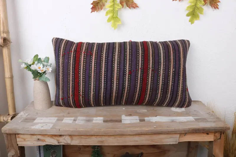 Pillow Sham, Boho Pillow, Kilim Cushion Sham, 12x24 Blue Pillow Case, Indoor Cushion Cover, Colorful Pillow Sham, Ottoman Cushion, Vintage Pillow - 1