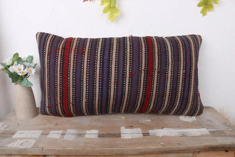 Pillow Sham, Boho Pillow, Kilim Cushion Sham, 12x24 Blue Pillow Case, Indoor Cushion Cover, Colorful Pillow Sham, Ottoman Cushion, Vintage Pillow - 2