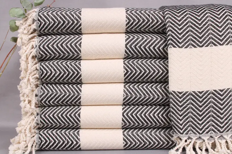 Turkish Towel Embroidered Beach Towel Black with Beige, 40x71 Inches