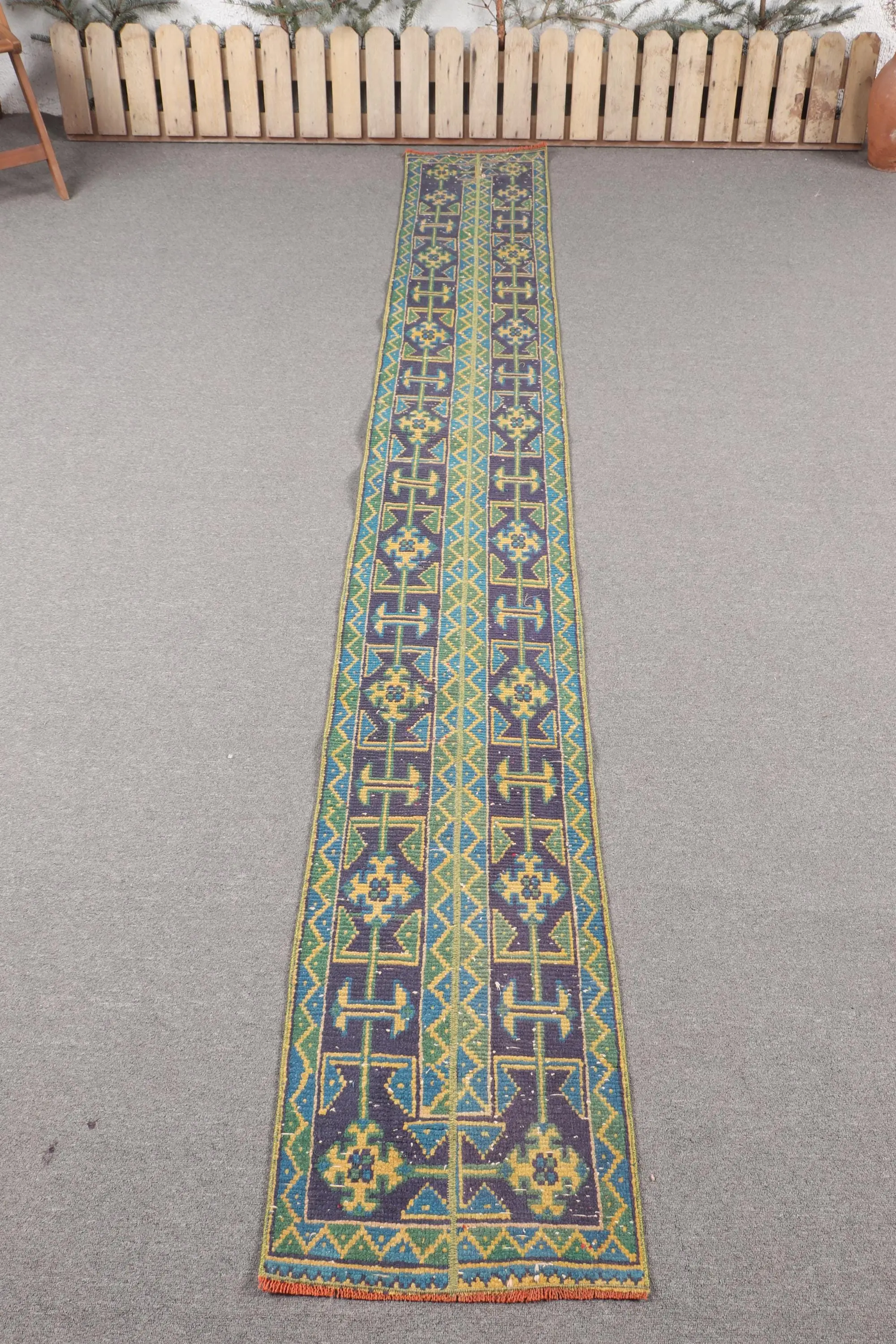 Turkish Rug, 1.6x11 ft Vintage Rug, Blue Green Abstract Wool Rug - 1