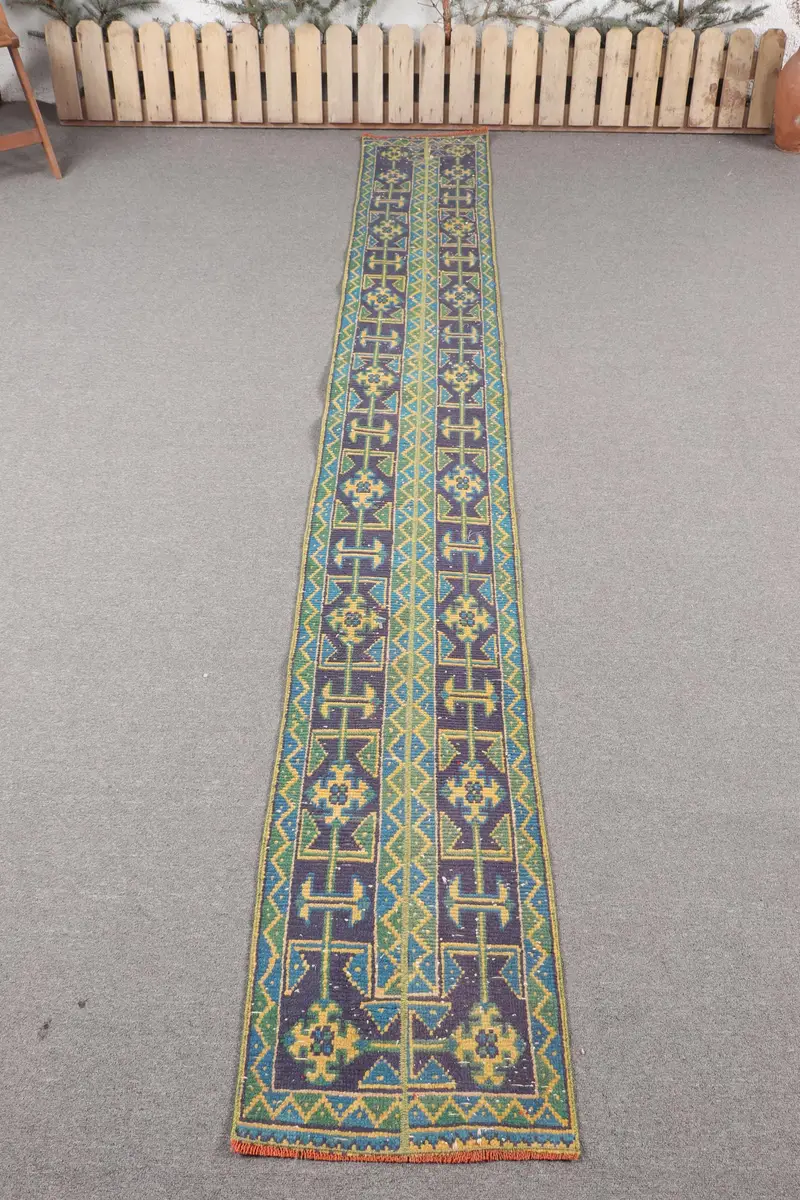 Handmade Green & Blue Rug, 1,6x11 ft Abstract Design