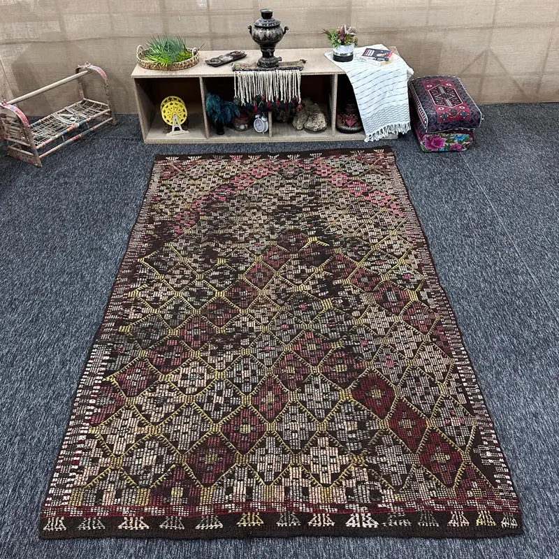 5.7x9.5 ft Vintage Turkish Rug, Large Rug, Kilim Brown Wool Rug - 1