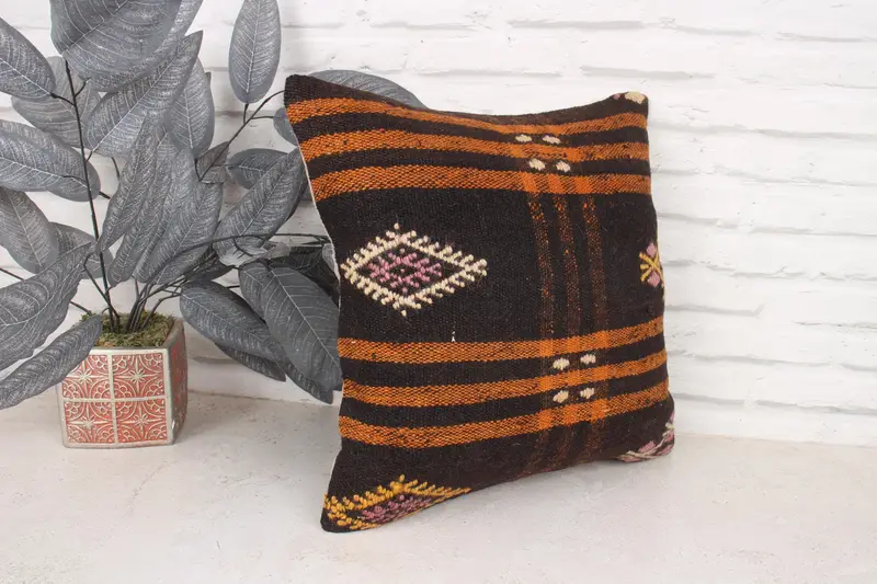 Bequemes Wurfkissen, 16x16 Braunes Kissengehäuse, Kilim -Kissen, Innenarchitekt -Kissen, türkisches Kilim -Kissen, Kissenabdeckung, Wandteppichkissenschein - 3