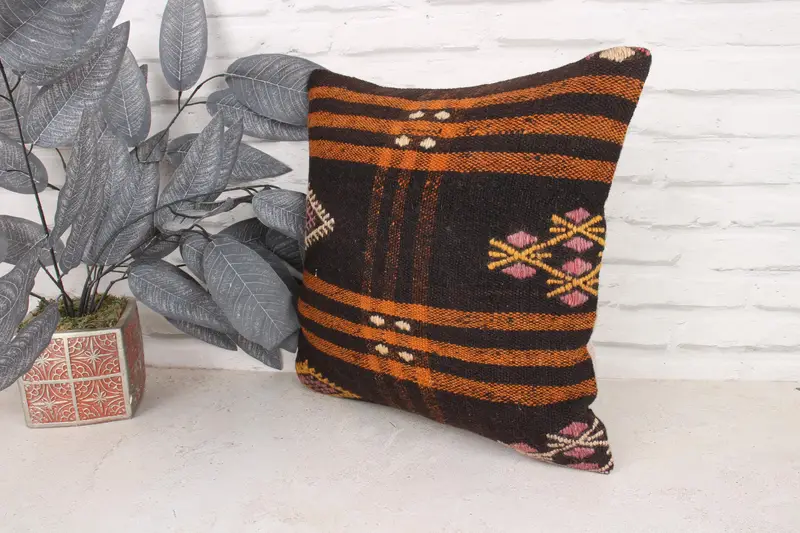 Bequemes Wurfkissen, 16x16 Braunes Kissengehäuse, Kilim -Kissen, Innenarchitekt -Kissen, türkisches Kilim -Kissen, Kissenabdeckung, Wandteppichkissenschein - 4