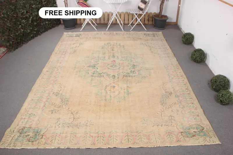 Zarif Bej ve Yeşil Halı, 8,1x10,8 ft Çiçekli ve Paisley