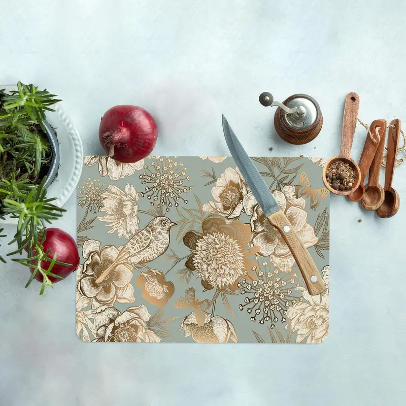 Vintage Çiçek Desenli Altın Kelebek Cam Kesme Tahtası