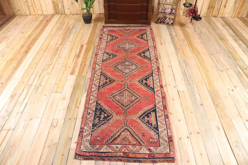 3.3x9.4 ft Türk Yolluk Halısı, Vintage Kırmızı Soyut Halı - 1