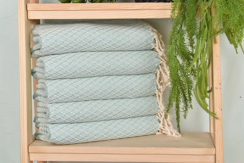 Turkish Bath Towel Mint Geometric Embroidery Cotton/Linen, 40x67 Inches