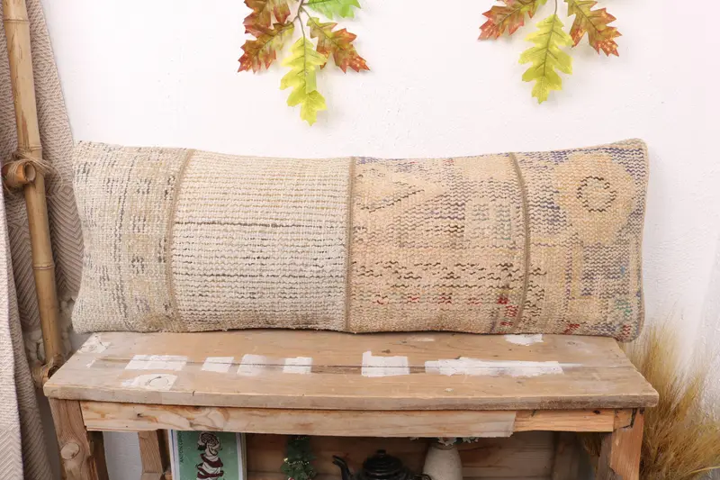 Beige & Orange Patchwork Kissen, handgemachtes besticktes Kissen