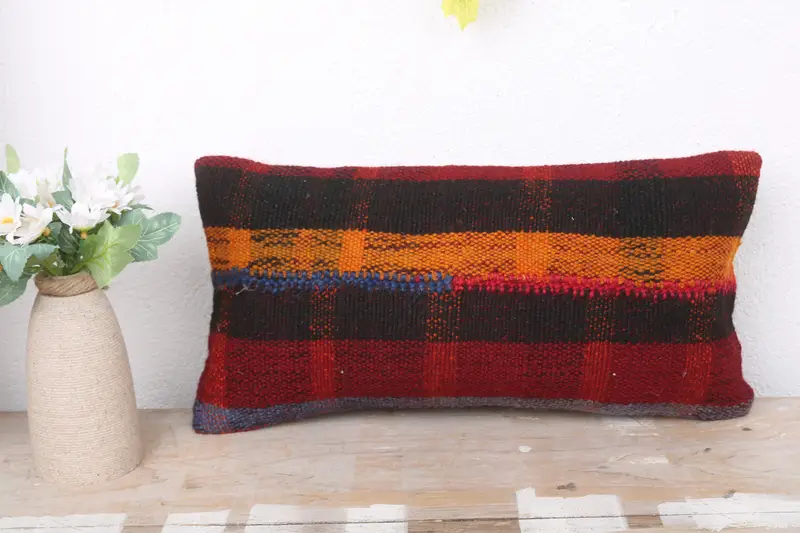 Hippie Throw Cushion Cover, Boho Pillow, Pillow for Couch, Vintage Kilim Pillow, Southwestern Pillow, 8x16 Red Pillow Cover, Pillow Case - 2