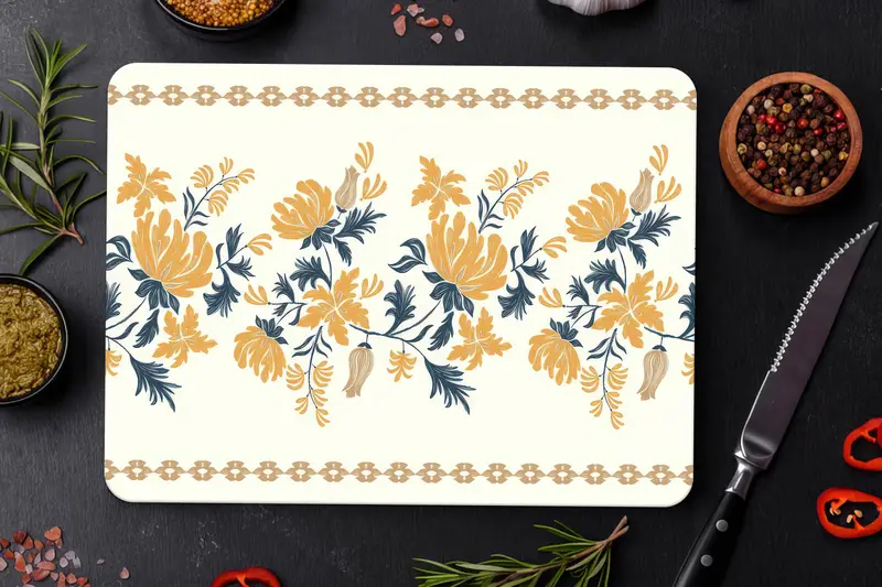Boho 花柄ガラスまな板、イエロー & ブルー デザイン