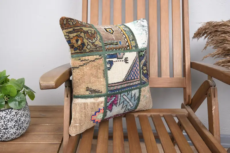 Pillow for Couch, Office Chair Cushion, Gift Pillow, Vintage Kilim Pillow, Cushion Case, Accent Pillow Sham, 16x16 Beige Pillow Cover - 2