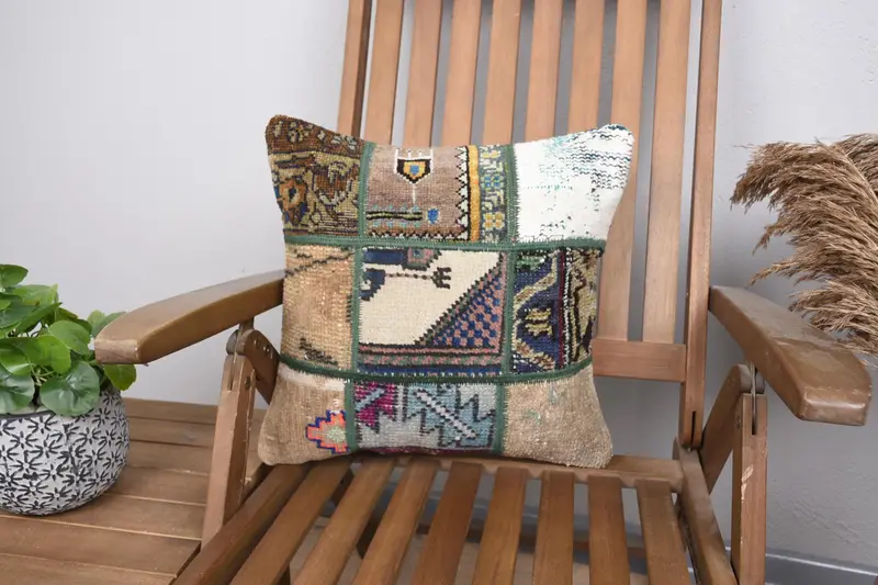 Pillow for Couch, Office Chair Cushion, Gift Pillow, Vintage Kilim Pillow, Cushion Case, Accent Pillow Sham, 16x16 Beige Pillow Cover - 1