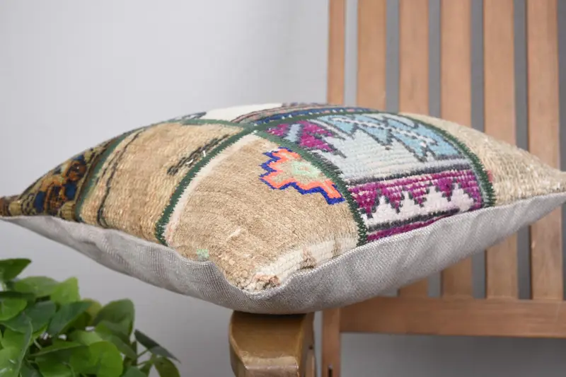 Pillow for Couch, Office Chair Cushion, Gift Pillow, Vintage Kilim Pillow, Cushion Case, Accent Pillow Sham, 16x16 Beige Pillow Cover - 6