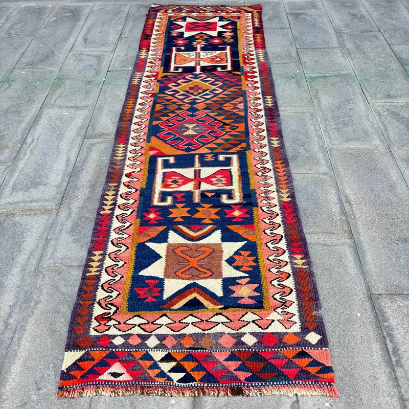 Mavi ve Turuncu Puantiyeli Halı, 2,8x9,5 ft