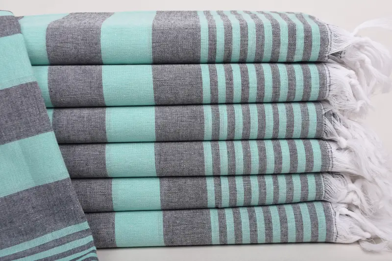 Handmade Striped Dark Gray-Green Cotton Towel, Personalized 36x67 Inches