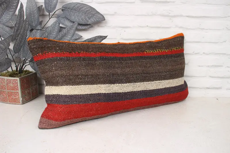 Boho Pillow, Pillow Sham, Anatolian Pillow Case, Decorative Bolster Cushion Cover, Pillow for Sofa, Aztec Cushion, Kilim Pillow, 12x24 Brown Cushion - 3
