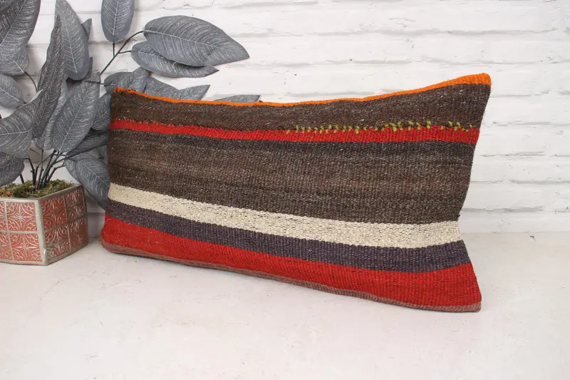 Boho Pillow, Pillow Sham, Anatolian Pillow Case, Decorative Bolster Cushion Cover, Pillow for Sofa, Aztec Cushion, Kilim Pillow, 12x24 Brown Cushion - 4