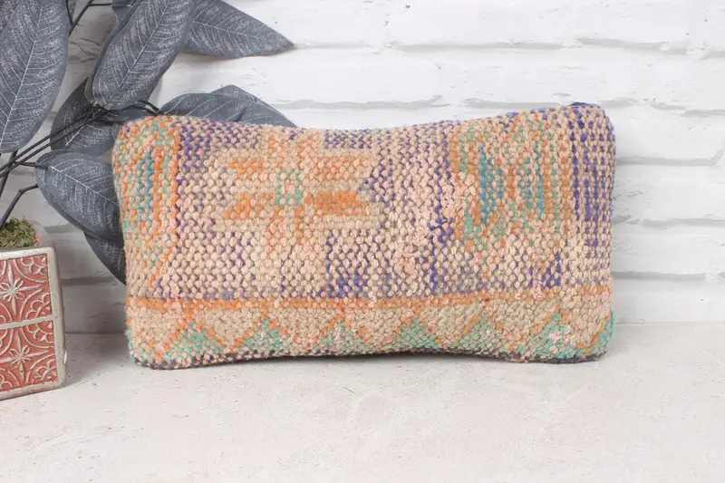 Handmade Throw Cushion, Turkish Kilim Pillow, Vintage Kilim Pillow, 8x16 Orange Cushion, Pillow for Sofa, Pillow Cover, Chair Cushion, Tribal Pillow - 1