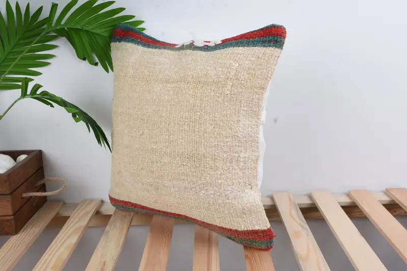 Armchair Cushion Case, Interior Designer Pillow, Anatolian Pillow Cover, 16x16 Beige Pillow, Kilim Pillow, Throw Kilim Pillow, Pillow Sham - 5
