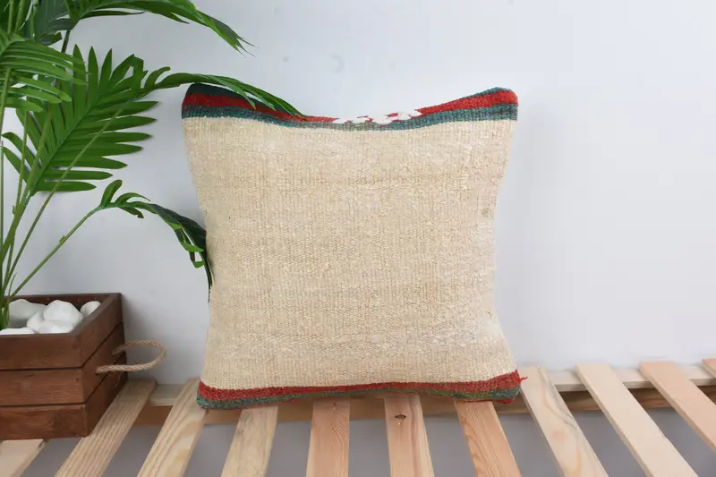 Armchair Cushion Case, Interior Designer Pillow, Anatolian Pillow Cover, 16x16 Beige Pillow, Kilim Pillow, Throw Kilim Pillow, Pillow Sham - 1