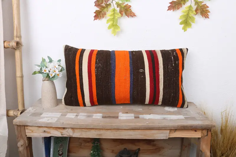 Boho Pillow Sham Cover, Lounge Throw Pillow Case, Kilim Cushion Sham, Pillow, Kilim Pillow, Neutral Throw Pillow, 12x24 Brown Cushion Cover - 1