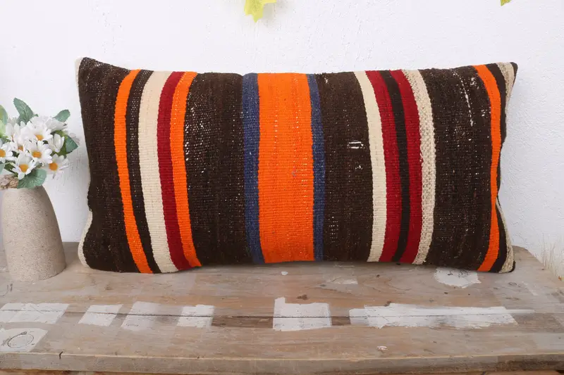 Boho Pillow Sham Cover, Lounge Throw Pillow Case, Kilim Cushion Sham, Pillow, Kilim Pillow, Neutral Throw Pillow, 12x24 Brown Cushion Cover - 2