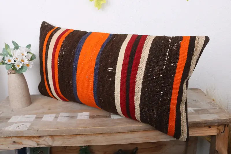 Boho Pillow Sham Cover, Lounge Throw Pillow Case, Kilim Cushion Sham, Pillow, Kilim Pillow, Neutral Throw Pillow, 12x24 Brown Cushion Cover - 4