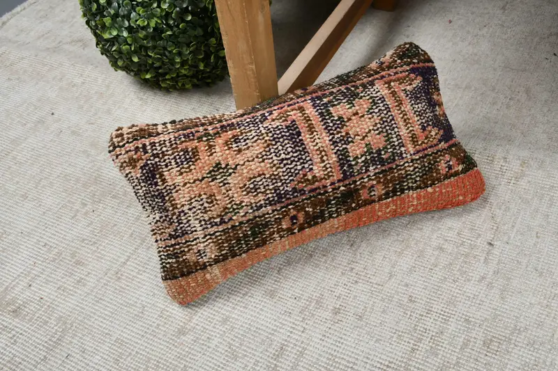 Boho Pillow, Antique Pillows, Pillow Cover, Turkish Bench Pillow Sham, 8x16 Orange Pillow Sham, Vintage Kilim Throw Pillow - 7