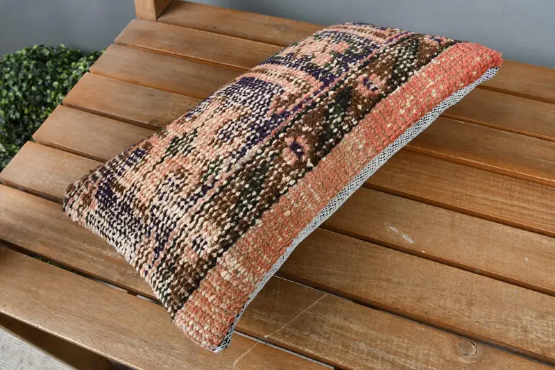 Boho Pillow, Antique Pillows, Pillow Cover, Turkish Bench Pillow Sham, 8x16 Orange Pillow Sham, Vintage Kilim Throw Pillow - 2