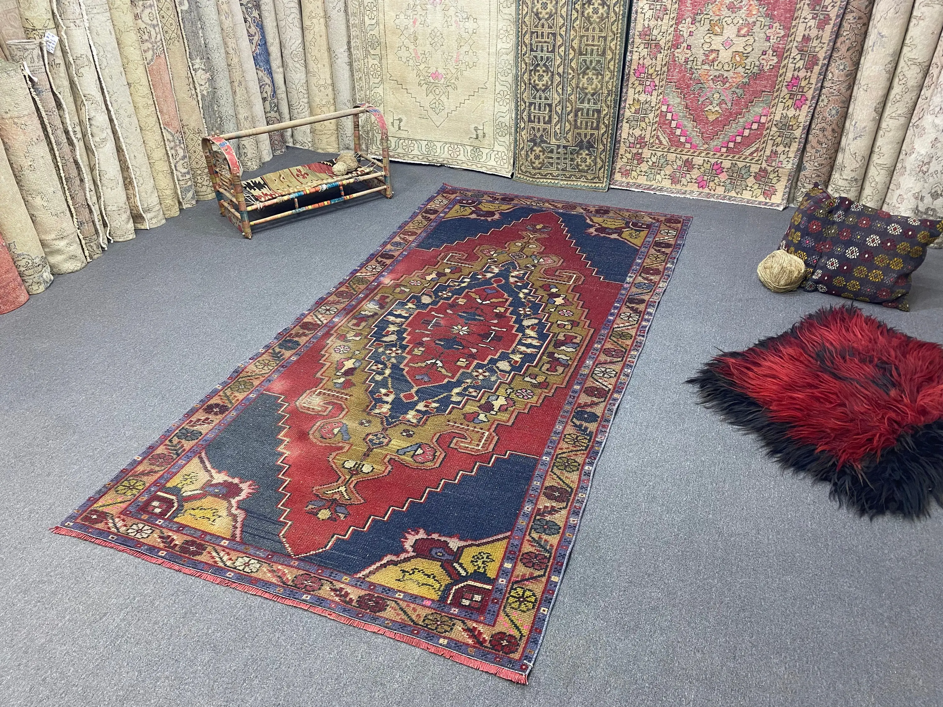Turkish 4.2x8.5 ft Rug, Vintage Rug, Red Floral Wool Rug - 1