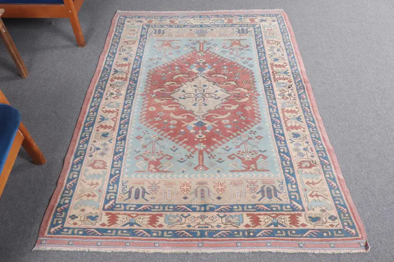 Türk Vintage Oushak Vurgulu Halı 4.2x5.6 ft, Mavi Çiçekli Halı Yün - 1