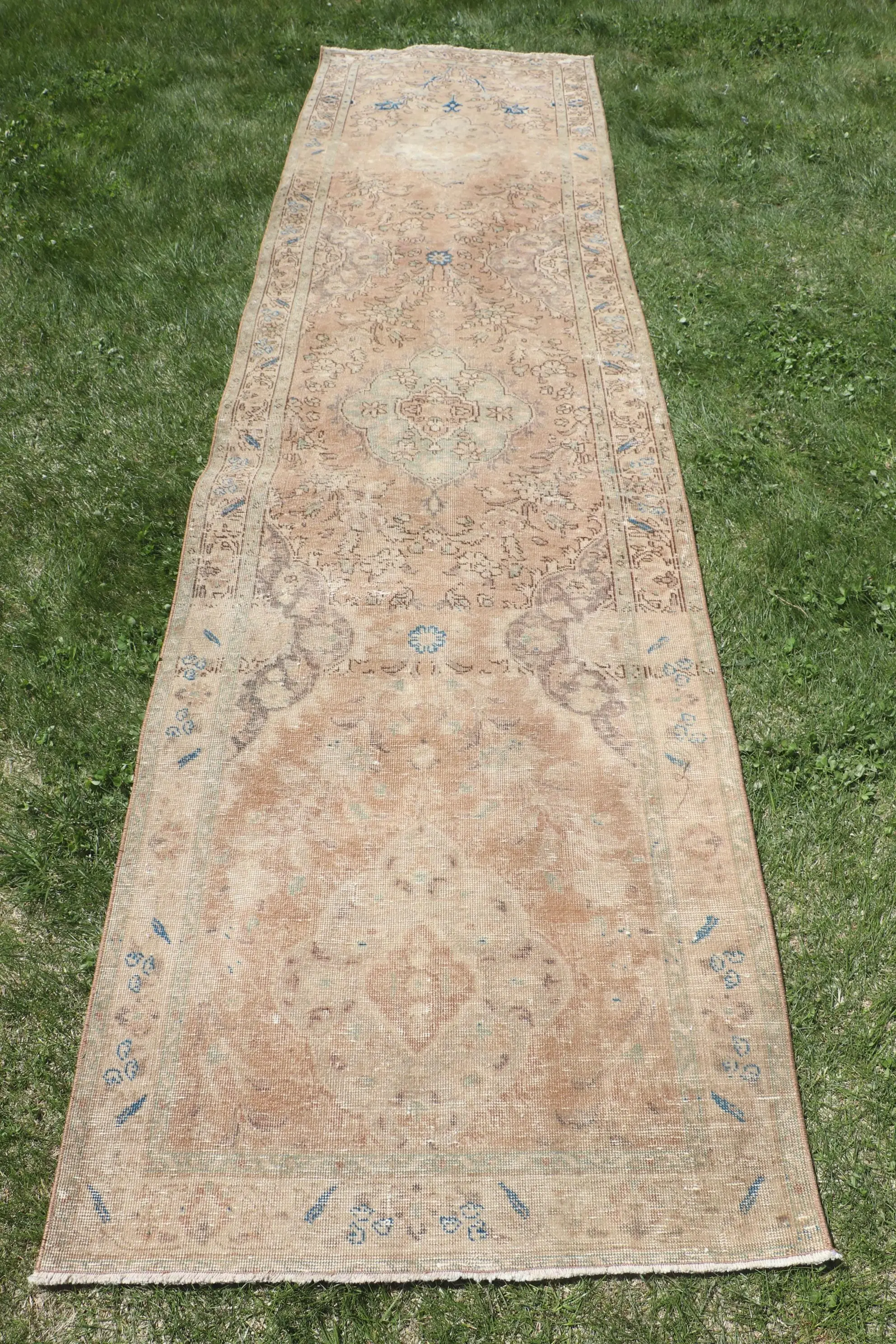 3,1x12,5 ft türkischer Teppich, Vintage Läuferteppich, braun blauer Tarnteppich - 1