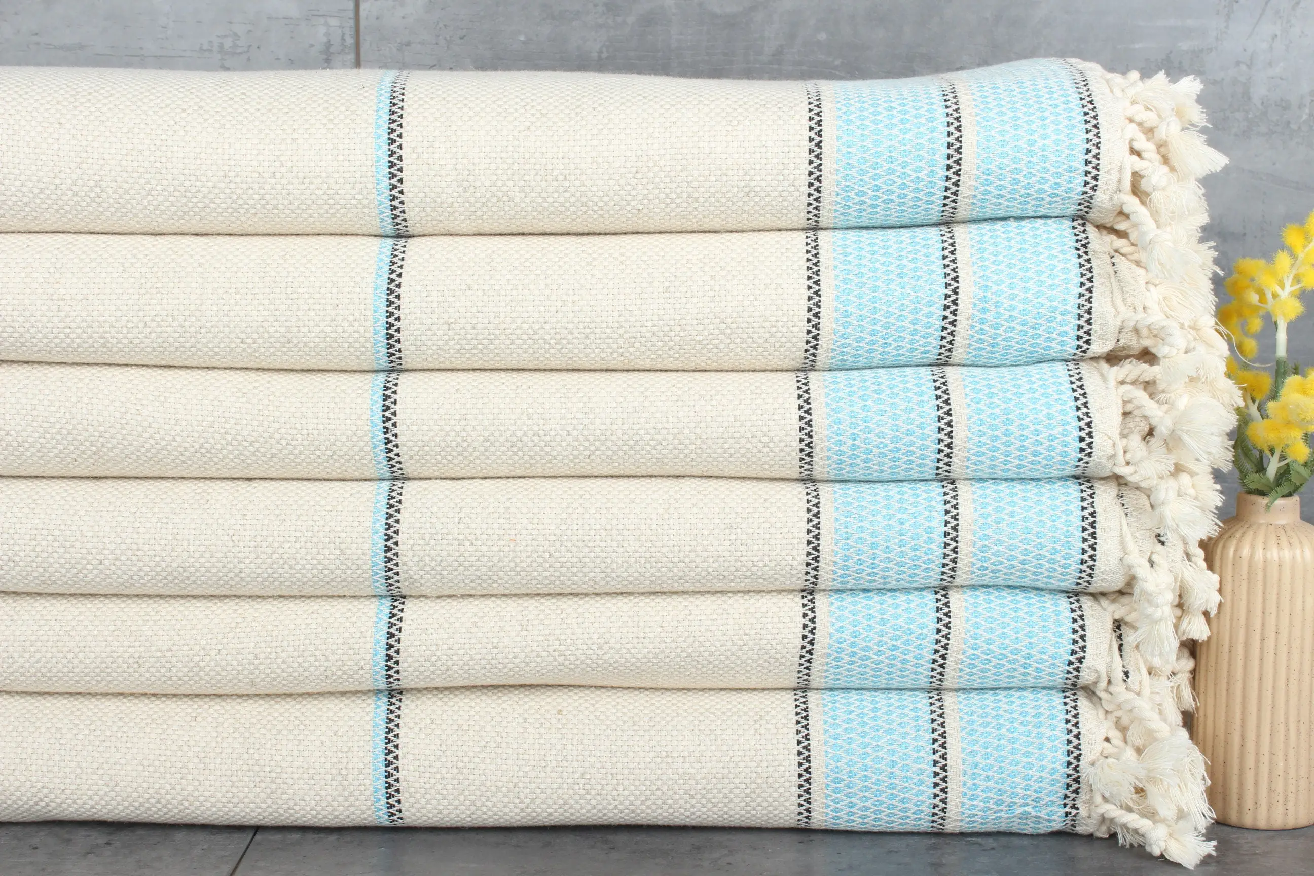 Turquoise Linen Chevron Blanket, Woven Throw, 95x103 Inches - 1