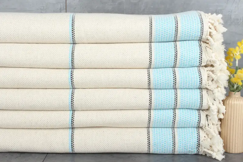 Turquoise Linen Chevron Blanket, Woven Throw, 95x103 Inches