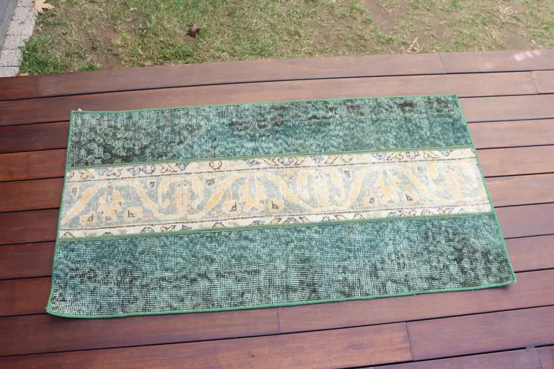 Alfombra Oushak vintage 2x3,8 pies, alfombra turca de lana oriental verde amarillo - 1