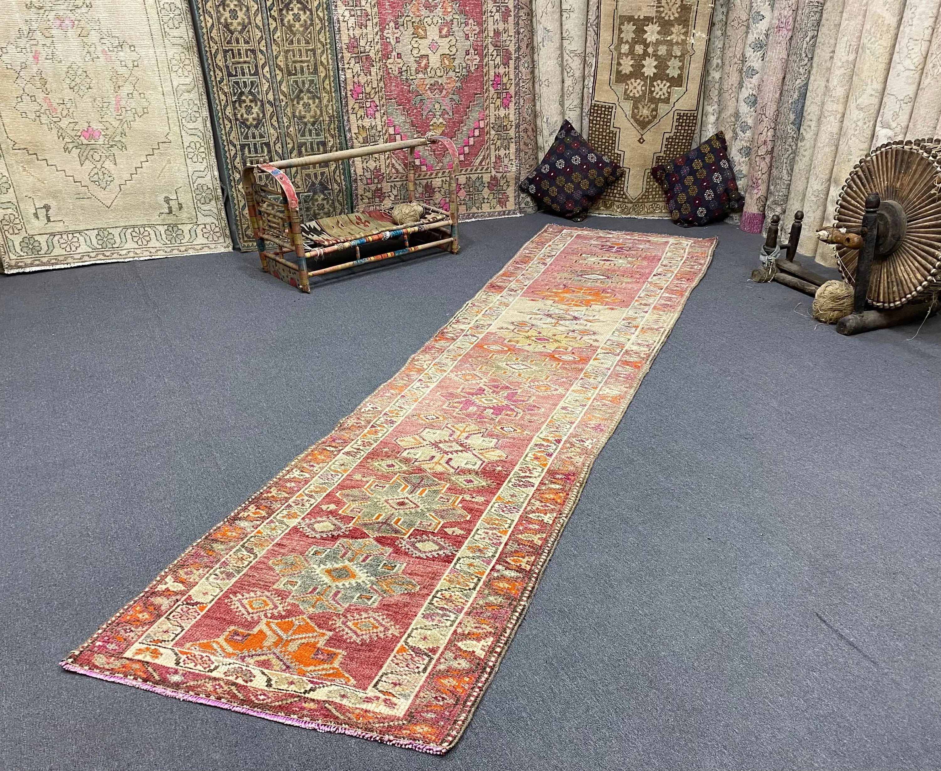 2.5x10.9 ft Rug, Vintage Turkish Runner Rug, Red Wool Rug - 1